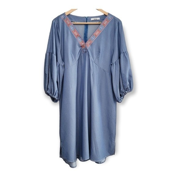 Ebba Dresses & Skirts - EBBA Blue V-neck Dress Embroidered Ribbon Trim Women Size 16 / XXL